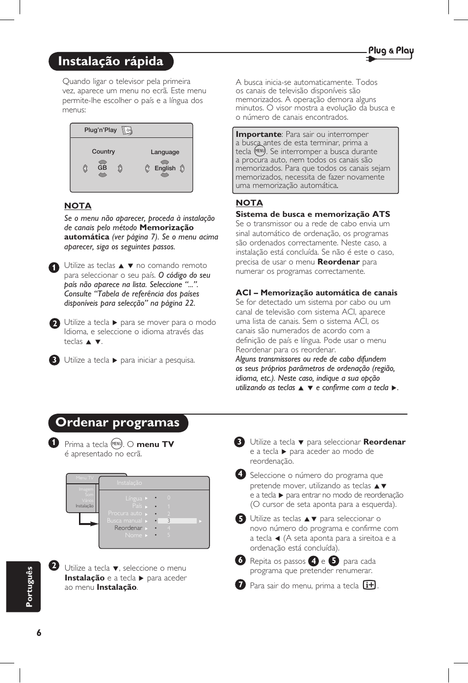 Instalação rápida, Ordenar programas | Philips 20PF User Manual | Page 254 / 272