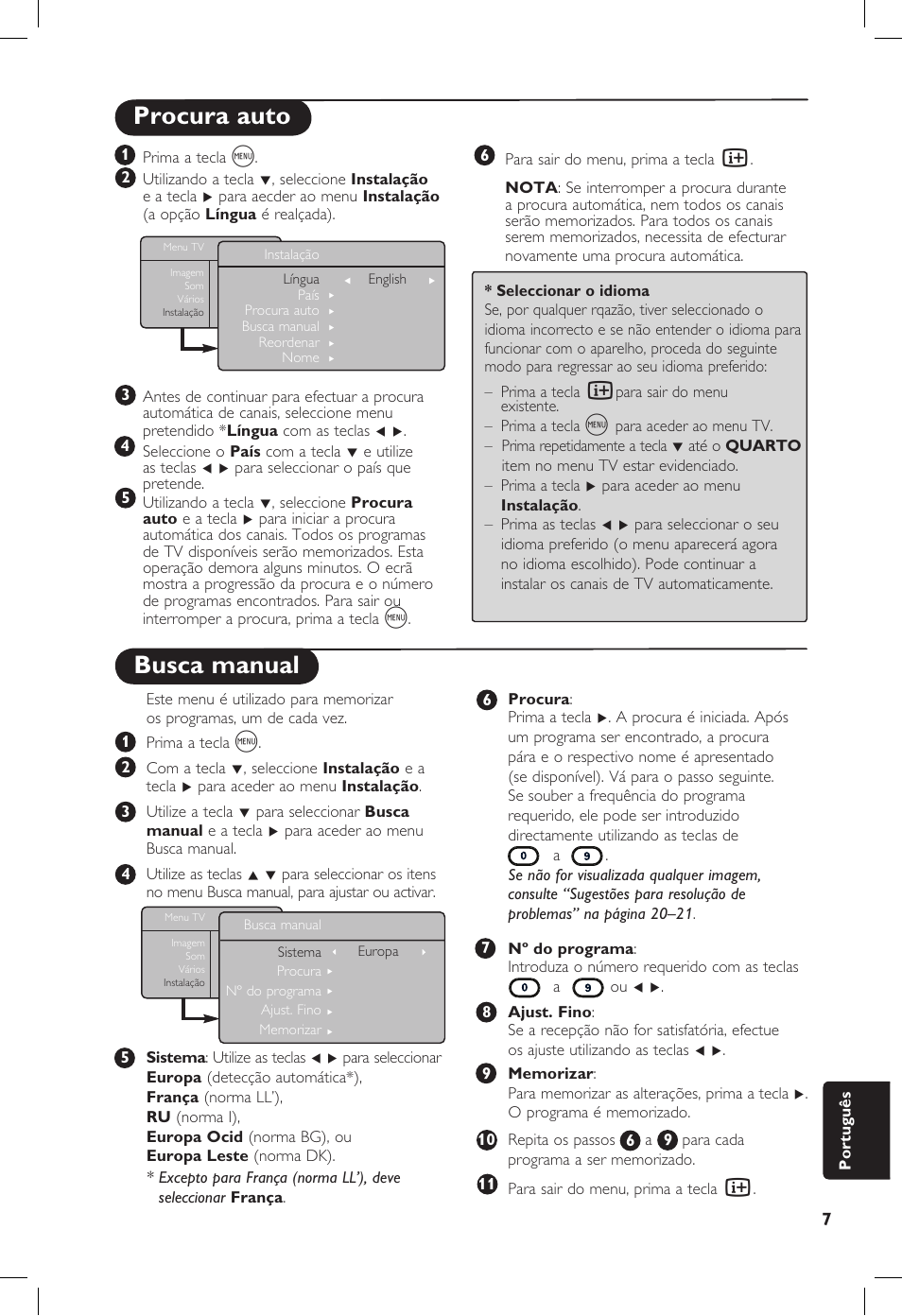 Busca manual, Procura auto | Philips 20PF User Manual | Page 255 / 272