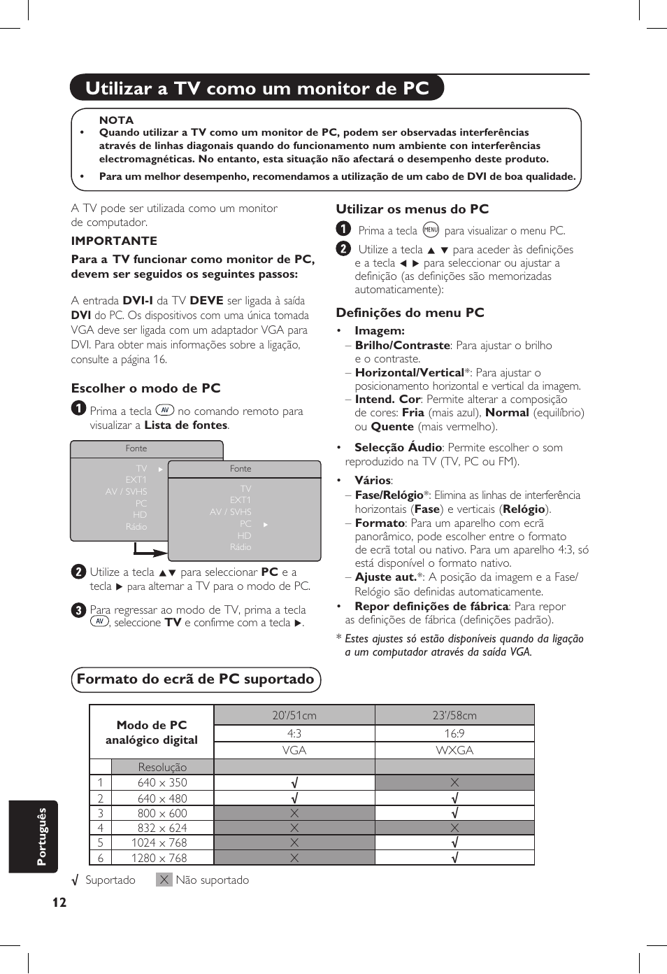 Utilizar a tv como um monitor de pc, Formato do ecrã de pc suportado | Philips 20PF User Manual | Page 260 / 272