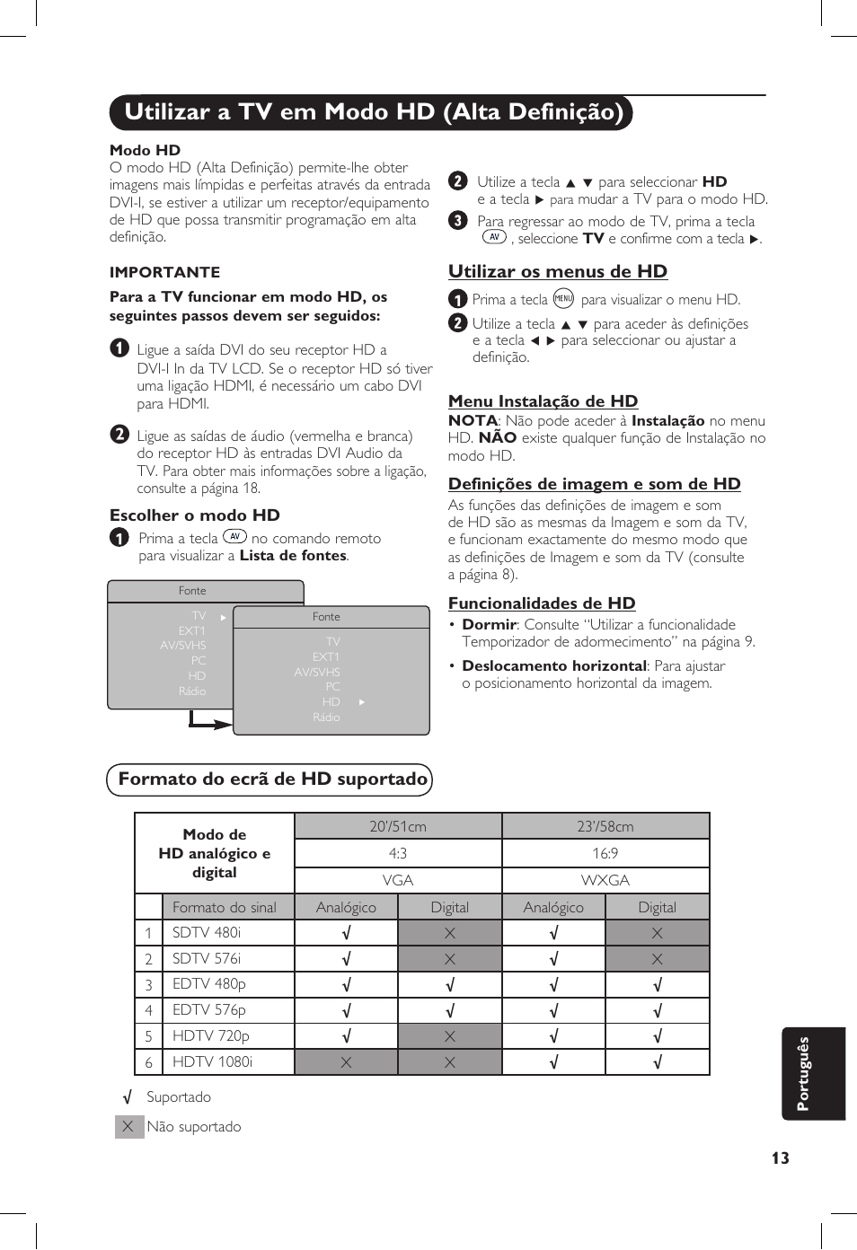 Utilizar a tv em modo hd (alta definição), Utilizar os menus de hd, Formato do ecrã de hd suportado | Philips 20PF User Manual | Page 261 / 272