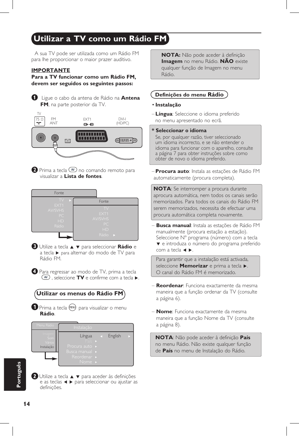 Utilizar a tv como um rádio fm, Utilizar os menus do rádio fm, Rádio | Philips 20PF User Manual | Page 262 / 272