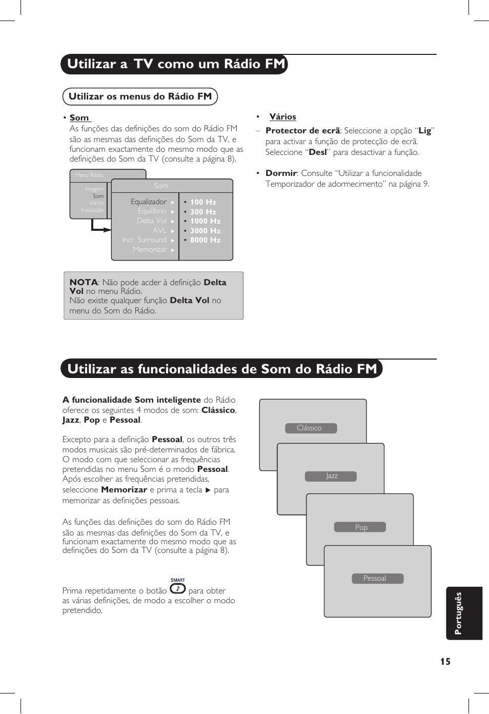 Utilizar a, Tv como um rádio fm, Utilizar as funcionalidades de som do rádio fm | Utilizar os menus do rádio fm | Philips 20PF User Manual | Page 263 / 272