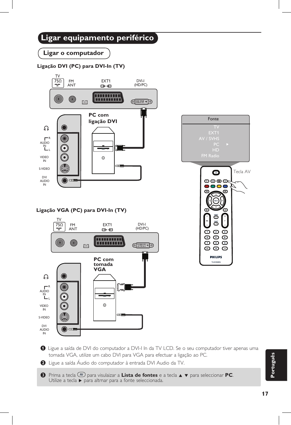 Ligar equipamento periférico, Ligar o computador, Português | Philips 20PF User Manual | Page 265 / 272