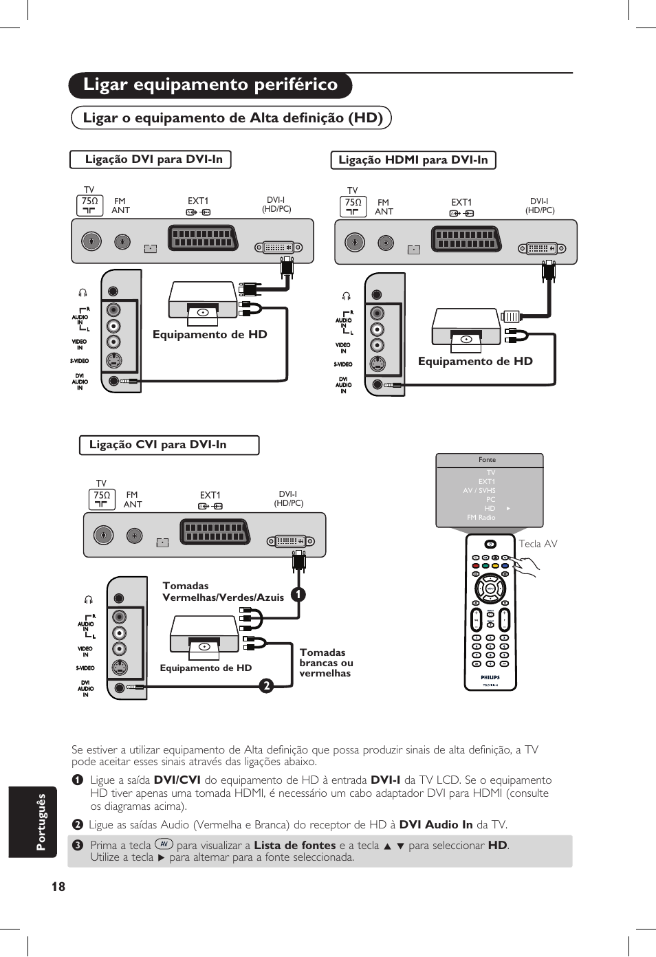 Ligar equipamento periférico, Ligar o equipamento de alta deﬁ nição (hd), Português | Tecla av | Philips 20PF User Manual | Page 266 / 272