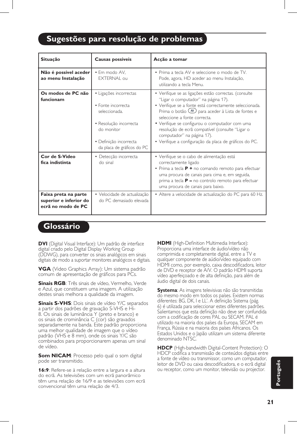 Glossário, Sugestões para resolução de problemas | Philips 20PF User Manual | Page 269 / 272