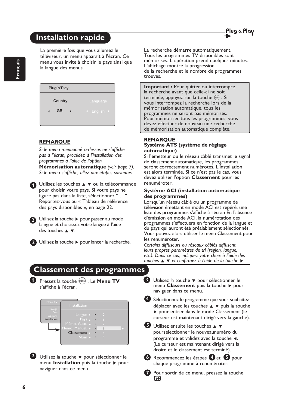 Installation rapide, Classement des programmes | Philips 20PF User Manual | Page 34 / 272