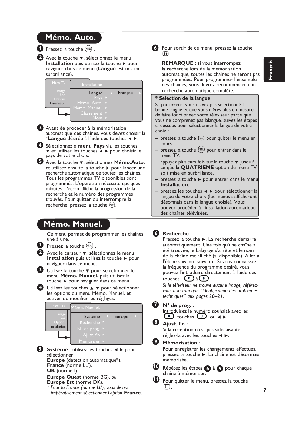 Mémo. manuel, Mémo. auto | Philips 20PF User Manual | Page 35 / 272