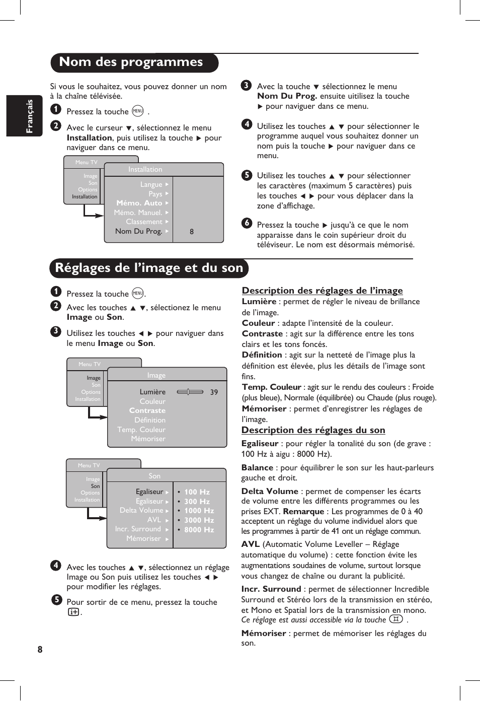 Nom des programmes, Réglages de l’image et du son | Philips 20PF User Manual | Page 36 / 272