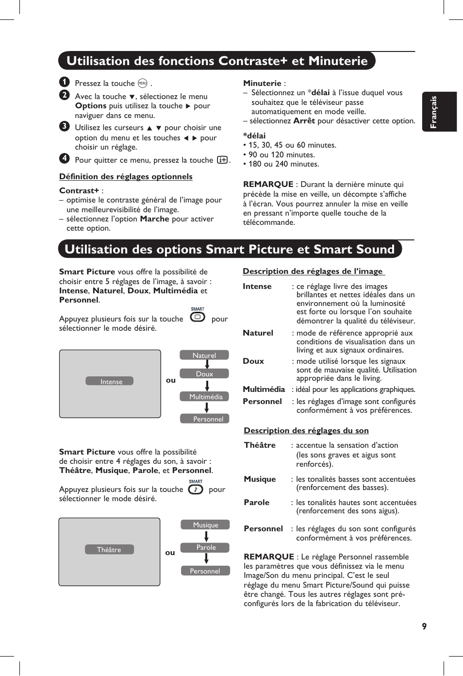 Utilisation des fonctions contraste+ et minuterie | Philips 20PF User Manual | Page 37 / 272