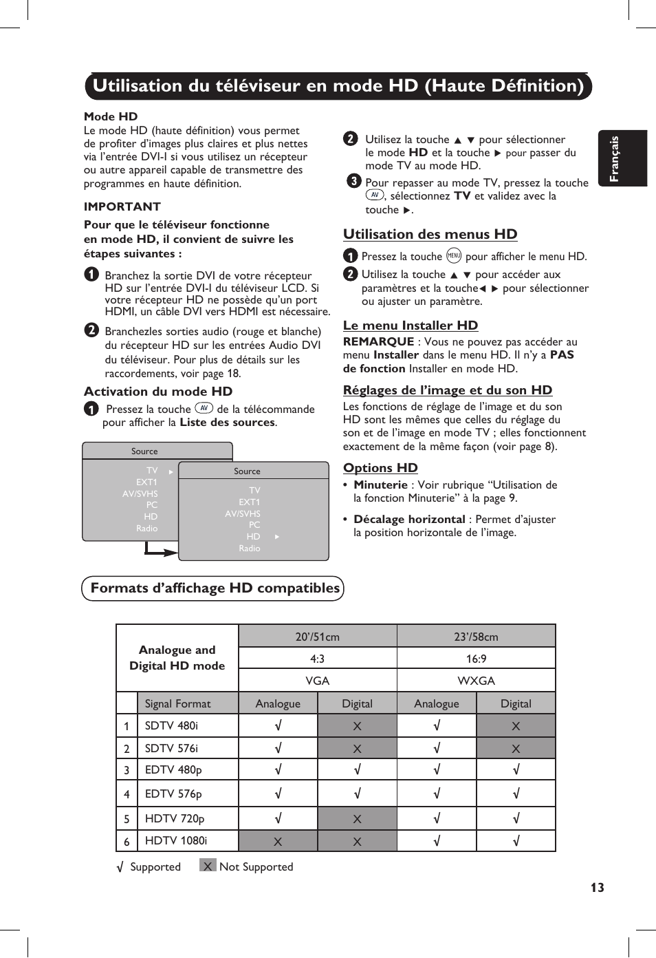 Utilisation des menus hd, Formats d’afﬁ chage hd compatibles | Philips 20PF User Manual | Page 41 / 272