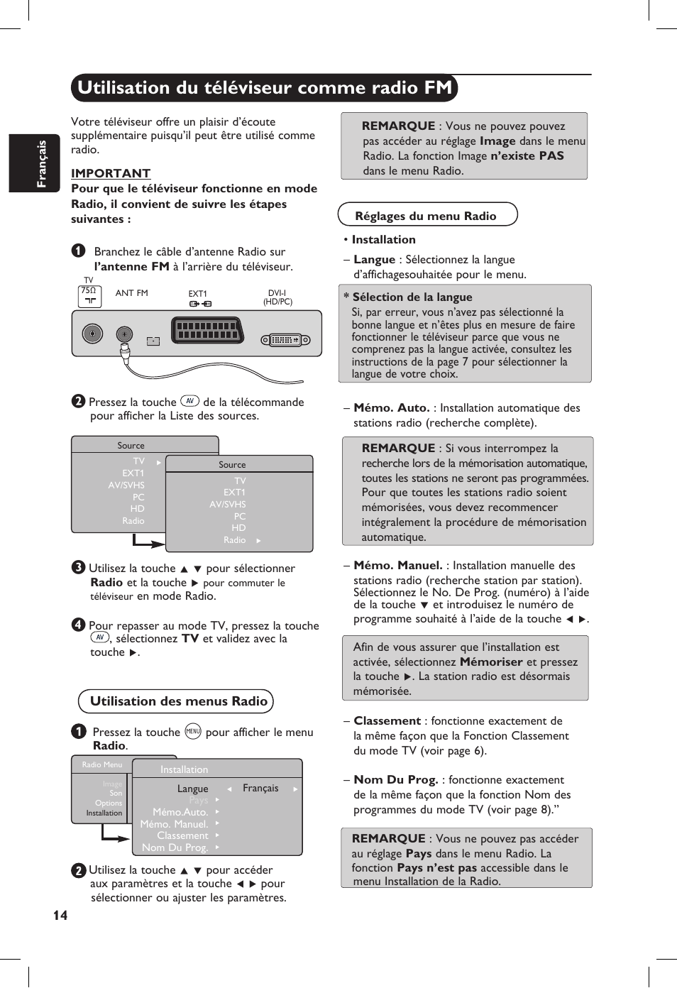 Utilisation du téléviseur comme radio fm, Utilisation des menus radio | Philips 20PF User Manual | Page 42 / 272