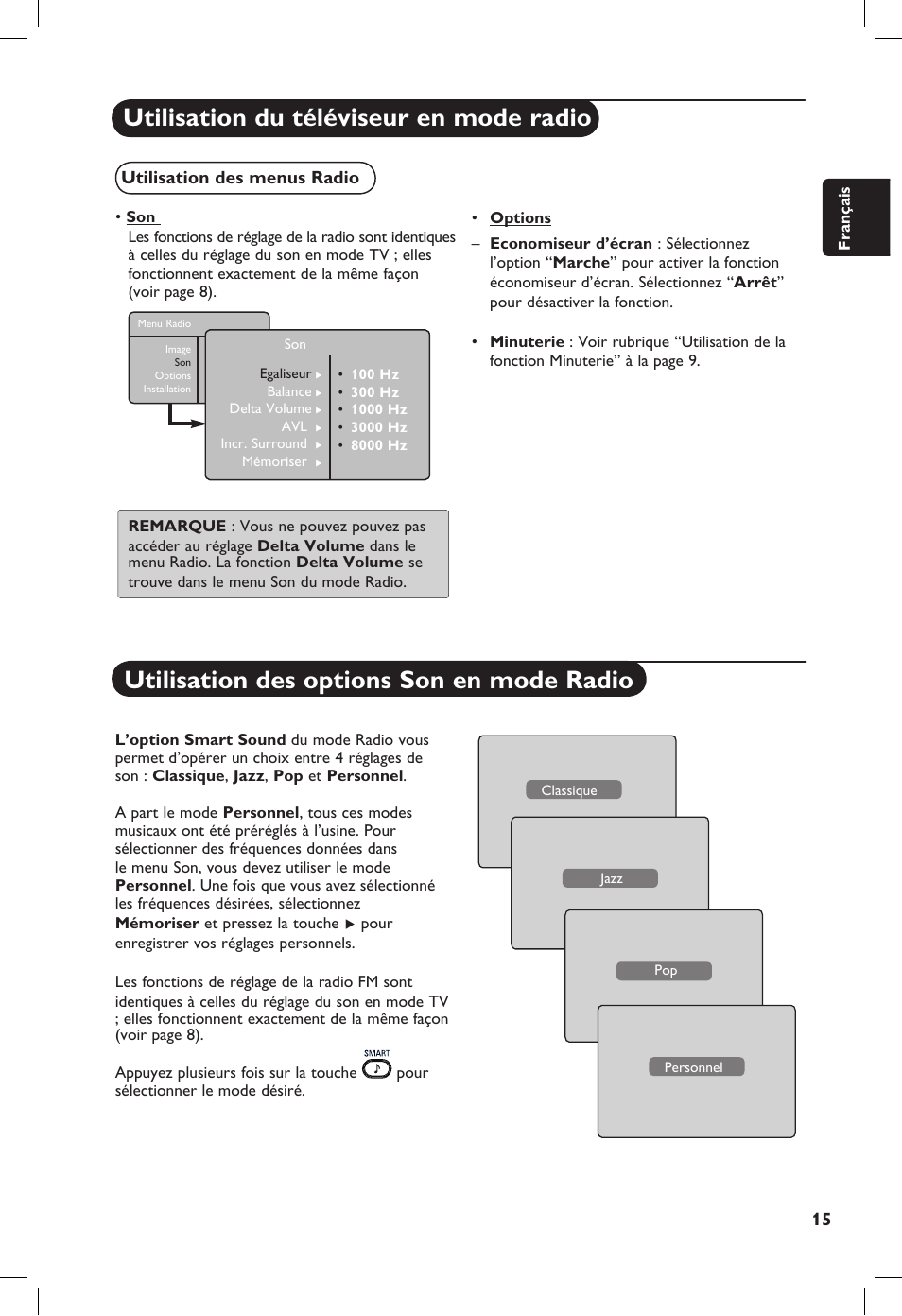 Utilisation du téléviseur en mode radio, Utilisation des options son en mode radio | Philips 20PF User Manual | Page 43 / 272