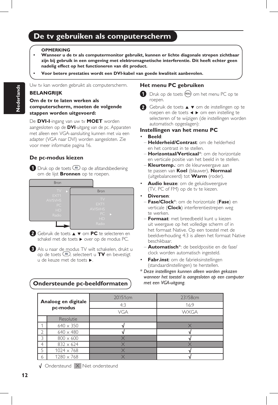De tv gebruiken als computerscherm, Ondersteunde pc-beeldformaten | Philips 20PF User Manual | Page 62 / 272