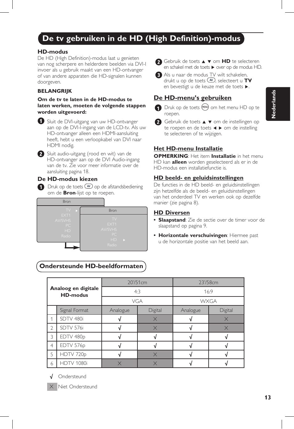 De tv gebruiken in de hd (high definition)-modus, De hd-menu’s gebruiken, Ondersteunde hd-beeldformaten | Philips 20PF User Manual | Page 63 / 272