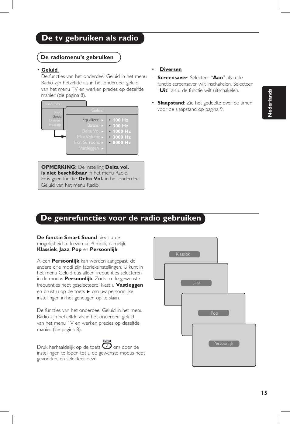 De tv gebruiken als radio, De genrefuncties voor de radio gebruiken, De radiomenu’s gebruiken | Philips 20PF User Manual | Page 65 / 272