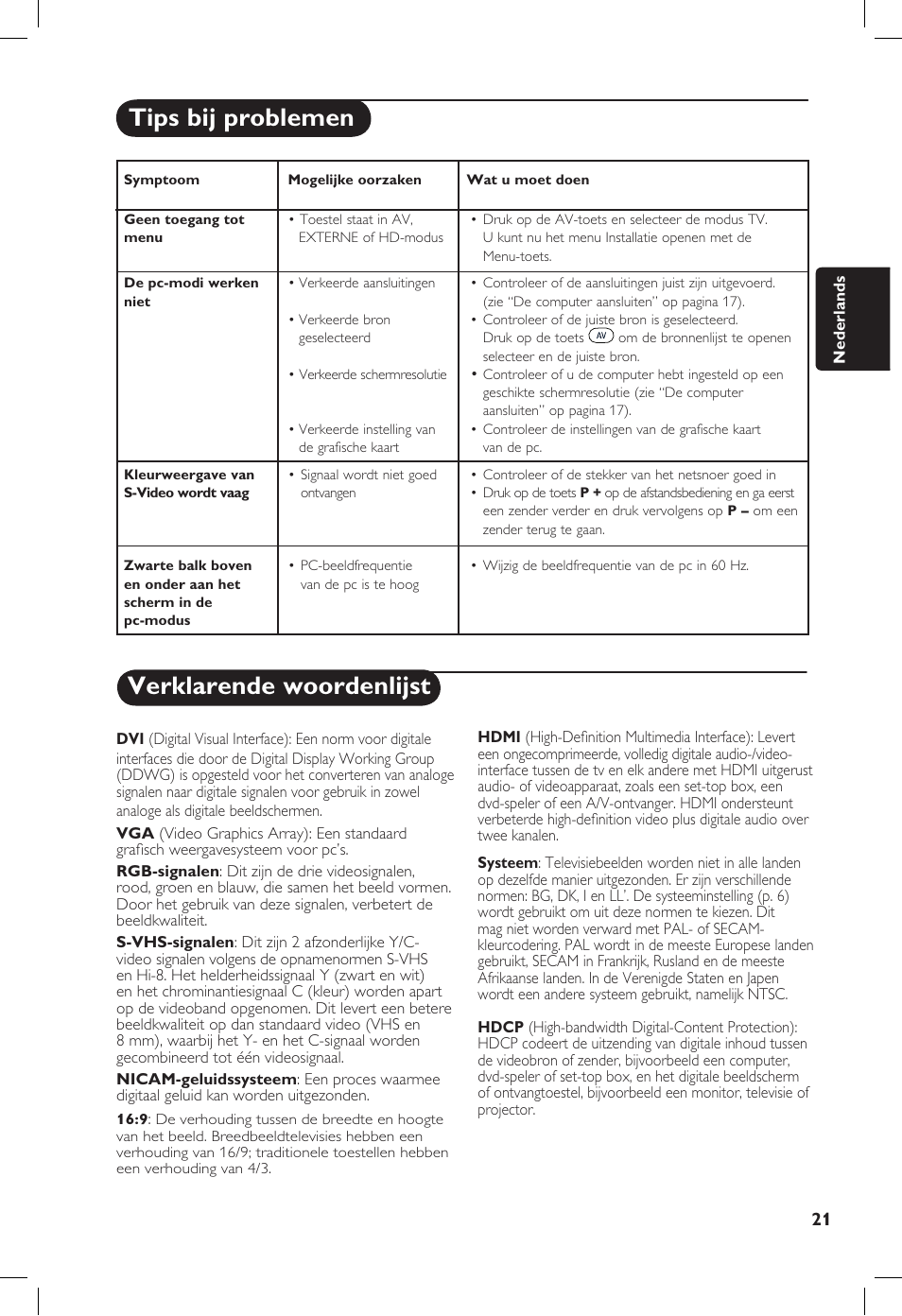 Verklarende woordenlijst, Tips bij problemen | Philips 20PF User Manual | Page 71 / 272