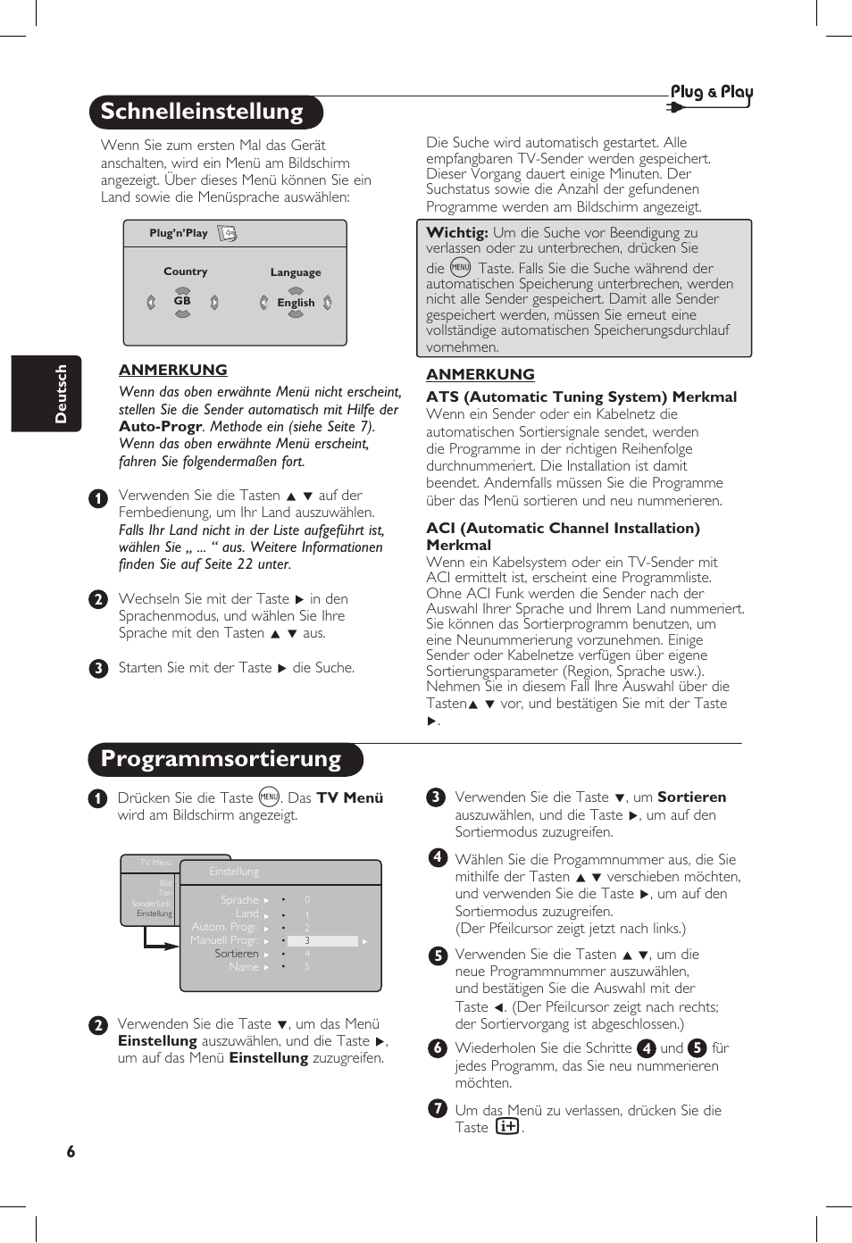 Schnelleinstellung, Programmsortierung | Philips 20PF User Manual | Page 78 / 272