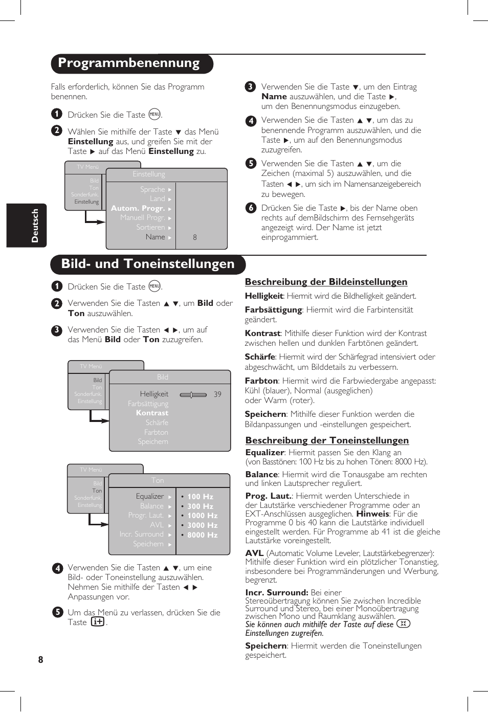 Programmbenennung, Bild- und toneinstellungen | Philips 20PF User Manual | Page 80 / 272