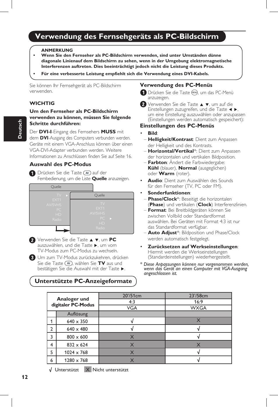 Verwendung des fernsehgeräts als pc-bildschirm, Unterstützte pc-anzeigeformate | Philips 20PF User Manual | Page 84 / 272