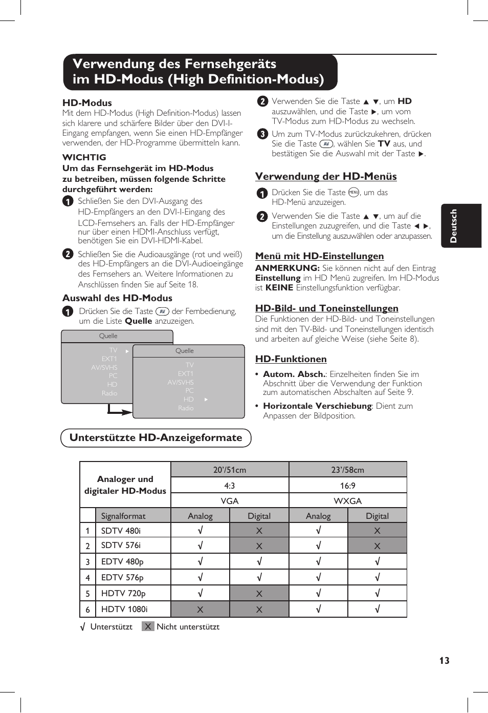 Verwendung der hd-menüs, Unterstützte hd-anzeigeformate | Philips 20PF User Manual | Page 85 / 272