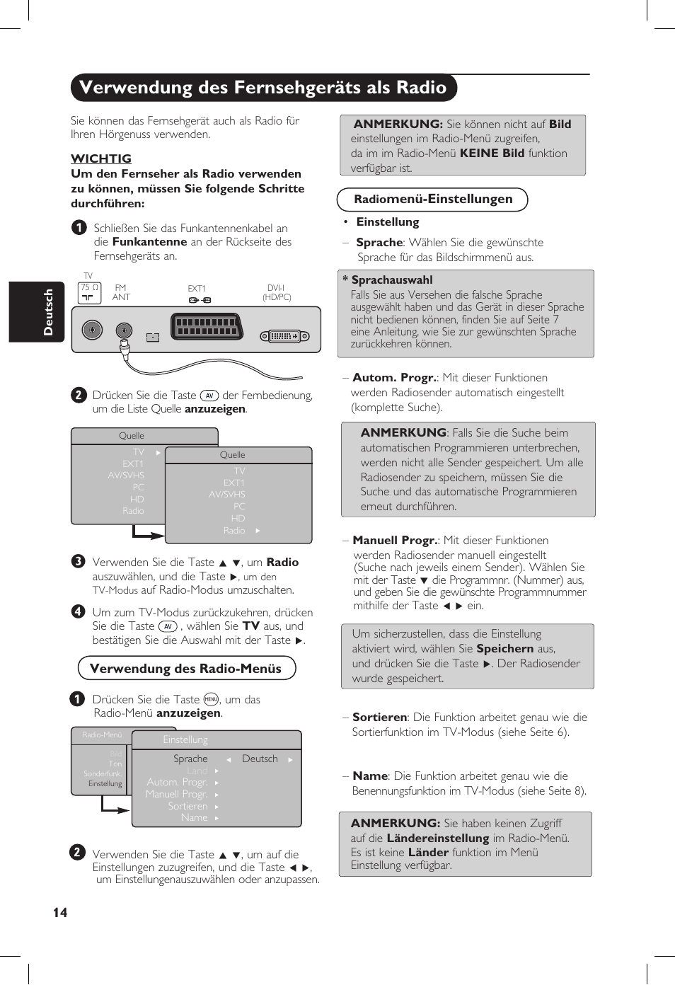 Verwendung des fernsehgeräts als radio, Menü-einstellungen, Verwendung des radio-menüs | Philips 20PF User Manual | Page 86 / 272