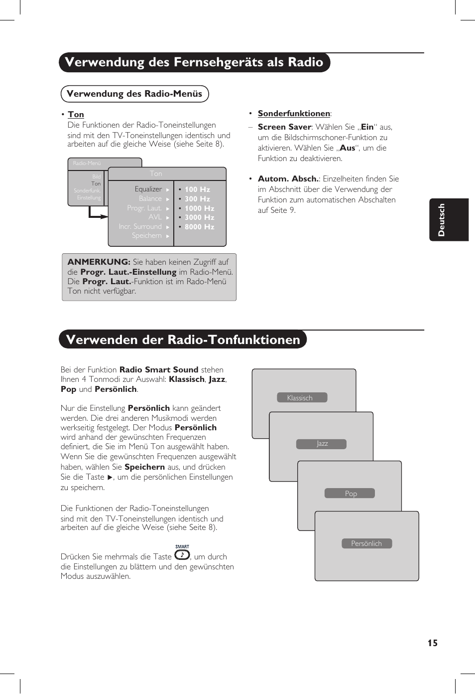 Verwendung des fernsehgeräts als radio, Verwenden der radio-tonfunktionen, Verwendung des radio-menüs | Philips 20PF User Manual | Page 87 / 272