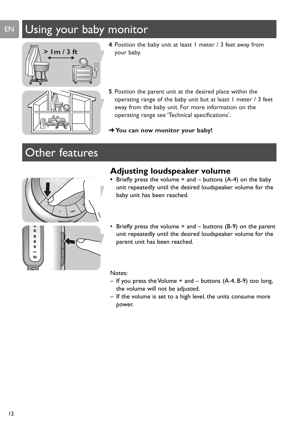 Using your baby monitor, Other features, Adjusting loudspeaker volume | Philips SCD588/54 User Manual | Page 11 / 60