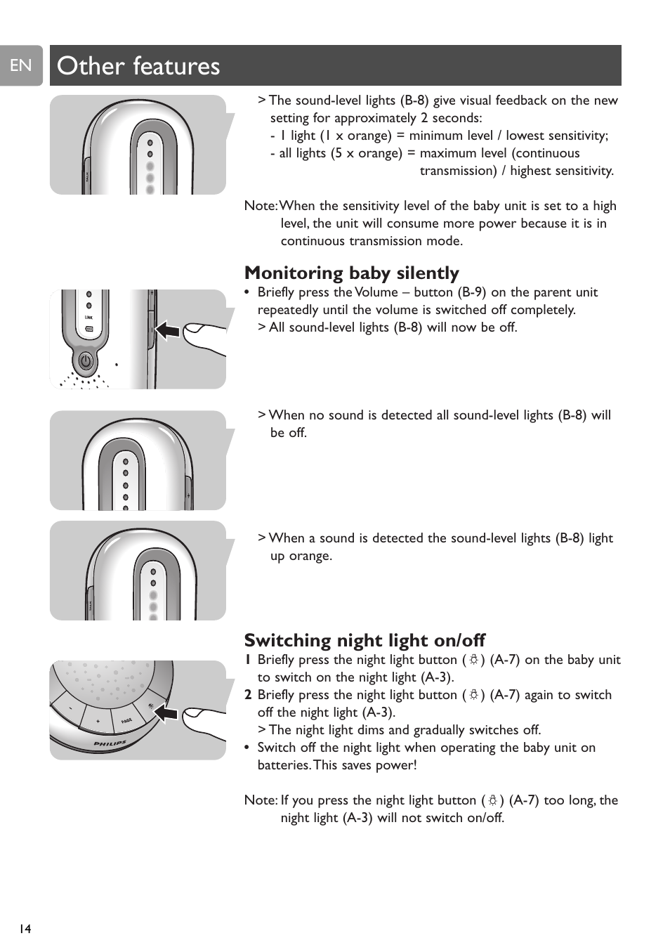 Other features, Monitoring baby silently, Switching night light on/off | Philips SCD588/54 User Manual | Page 13 / 60