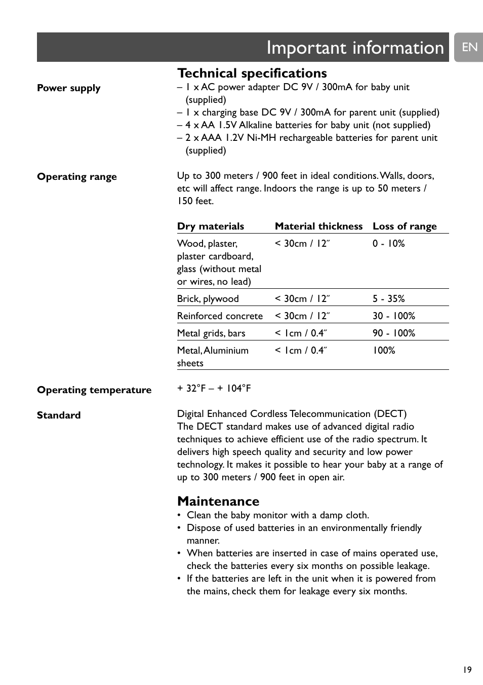 Important information, Technical specifications, Maintenance | Philips SCD588/54 User Manual | Page 18 / 60