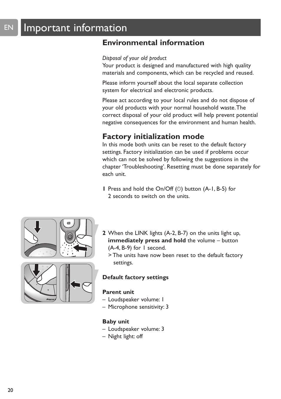 Important information, Environmental information, Factory initialization mode | Philips SCD588/54 User Manual | Page 19 / 60