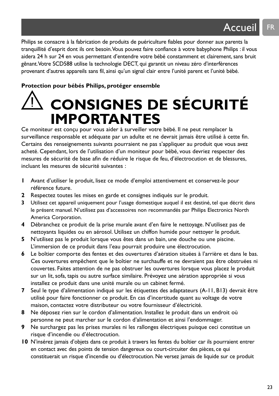 Mode d’emploi, Consignes de sécurité importantes, Accueil | Philips SCD588/54 User Manual | Page 22 / 60