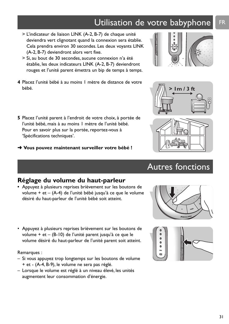 Utilisation de votre babyphone autres fonctions, Réglage du volume du haut-parleur | Philips SCD588/54 User Manual | Page 30 / 60