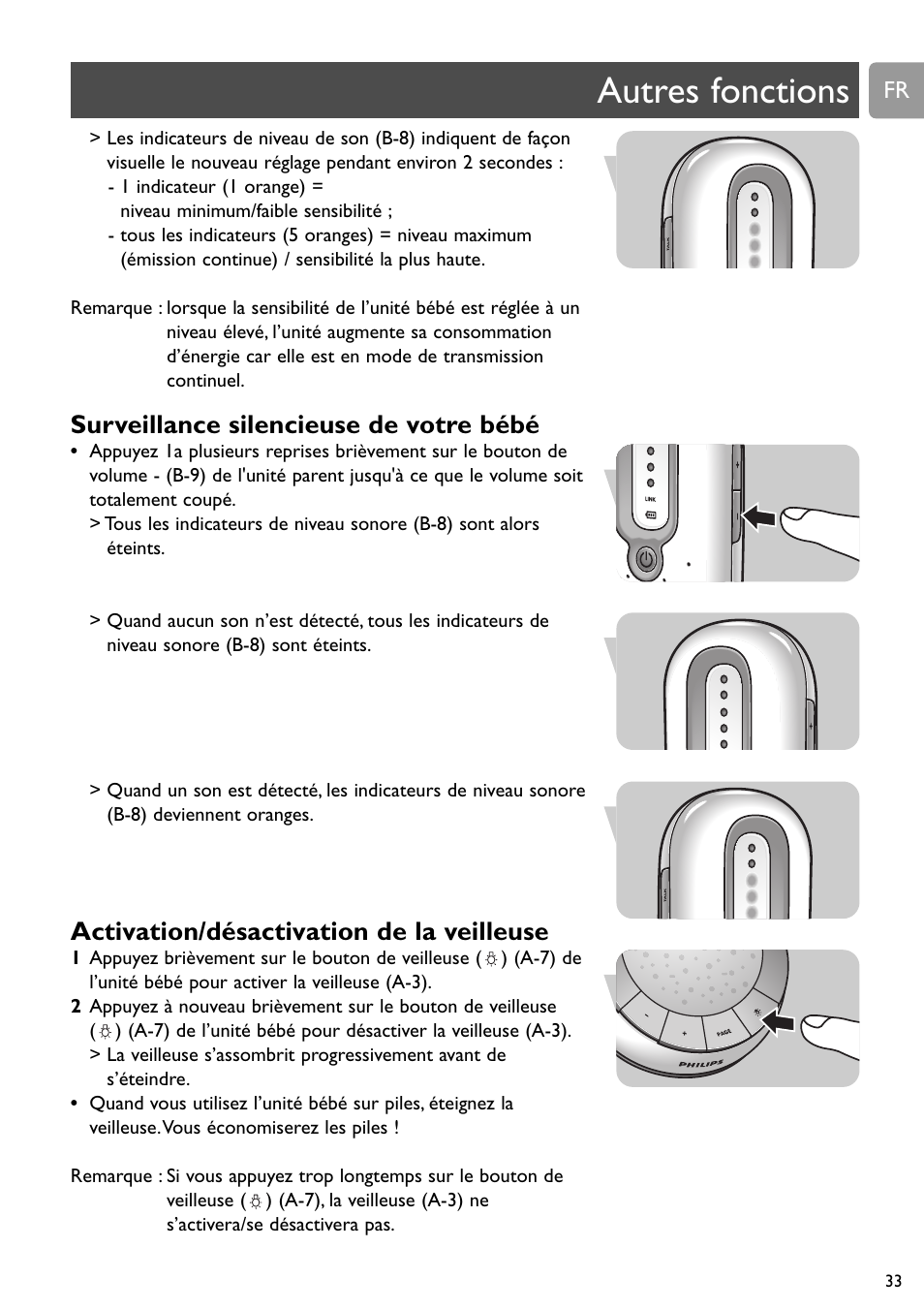 Autres fonctions, Surveillance silencieuse de votre bébé, Activation/désactivation de la veilleuse | Philips SCD588/54 User Manual | Page 32 / 60