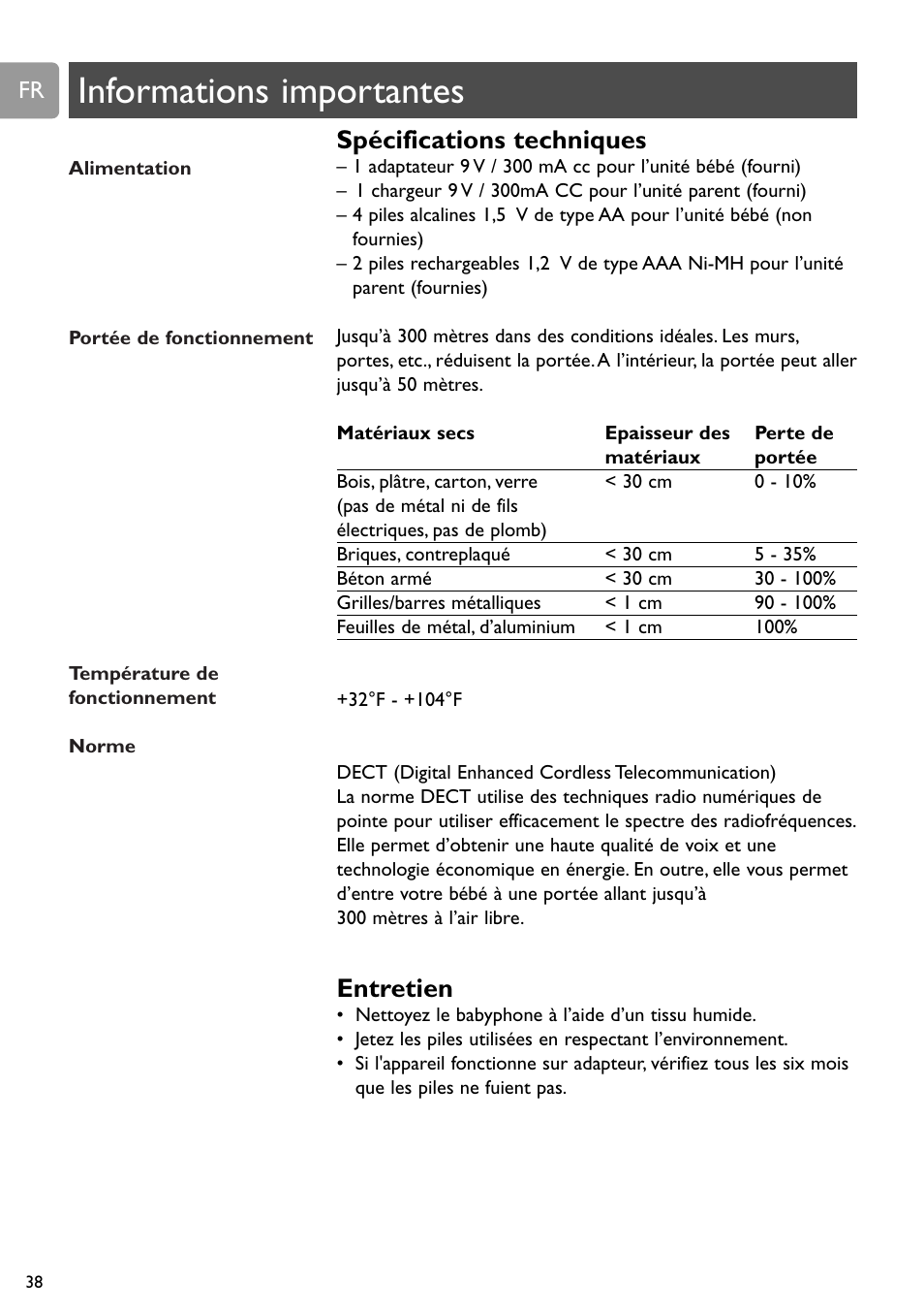 Informations importantes, Spécifications techniques, Entretien | Philips SCD588/54 User Manual | Page 37 / 60