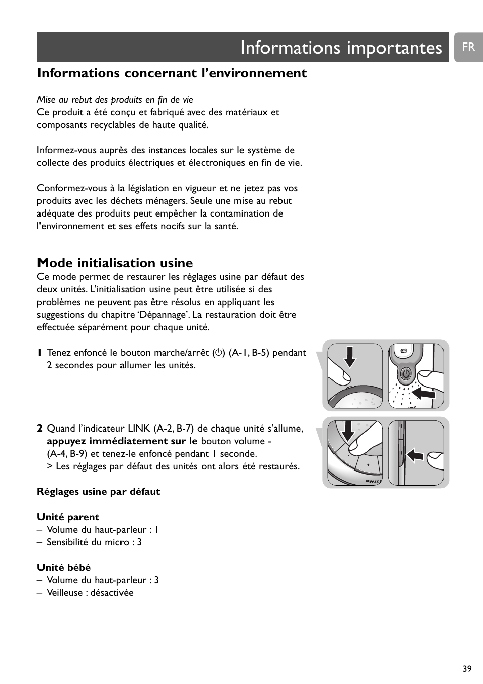 Informations importantes, Informations concernant l’environnement, Mode initialisation usine | Philips SCD588/54 User Manual | Page 38 / 60