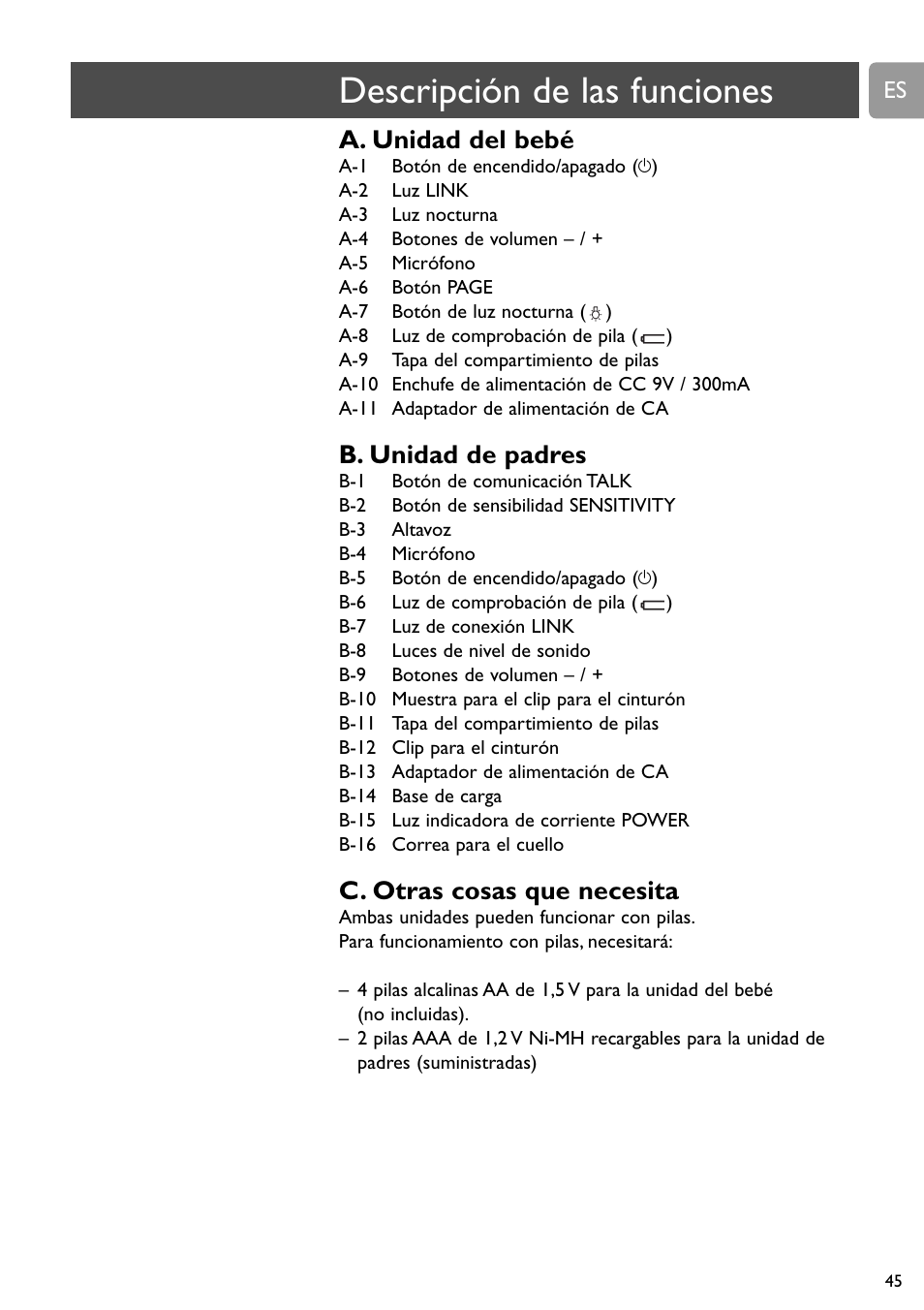 Descripción de las funciones, A. unidad del bebé, B. unidad de padres | C. otras cosas que necesita | Philips SCD588/54 User Manual | Page 44 / 60