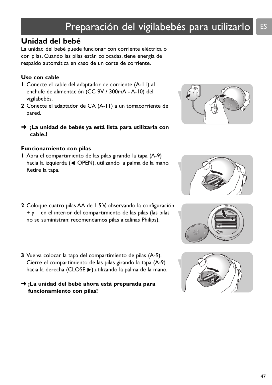 Preparación del vigilabebés para utilizarlo, Unidad del bebé | Philips SCD588/54 User Manual | Page 46 / 60