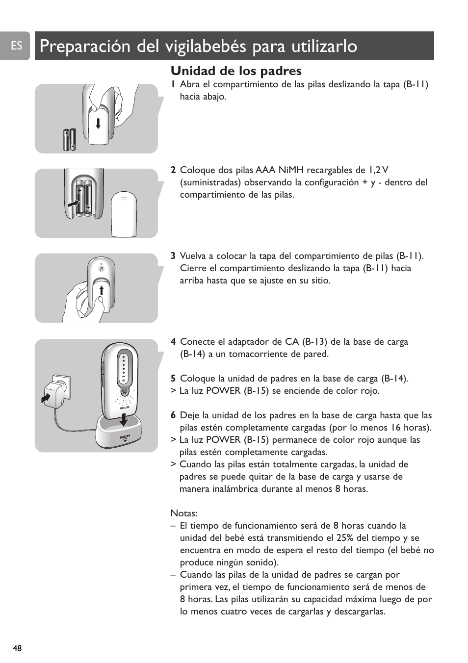 Preparación del vigilabebés para utilizarlo, Unidad de los padres | Philips SCD588/54 User Manual | Page 47 / 60