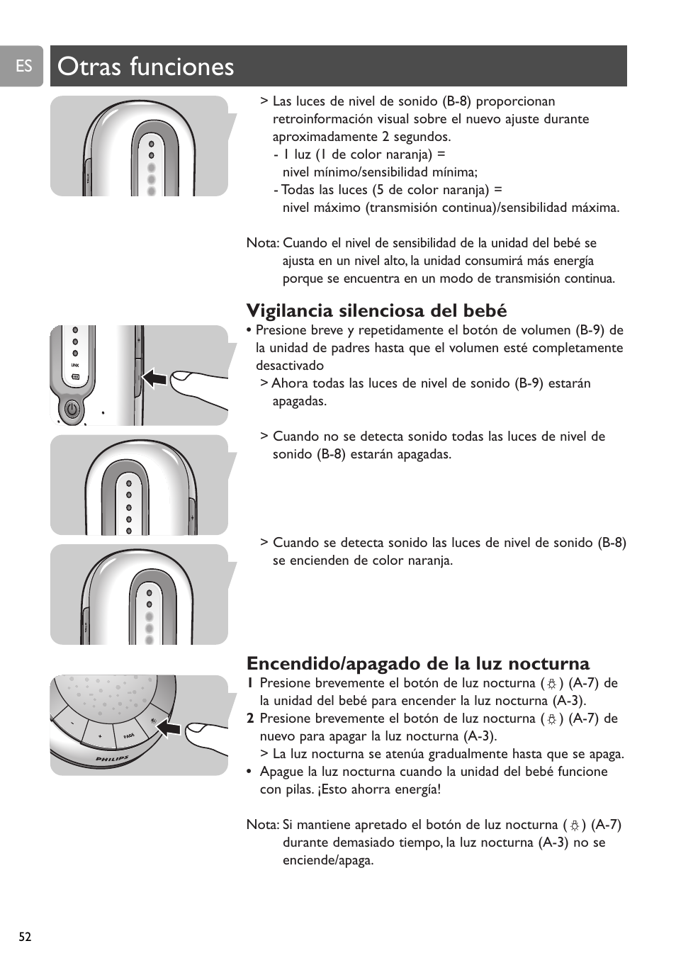 Otras funciones, Vigilancia silenciosa del bebé, Encendido/apagado de la luz nocturna | Philips SCD588/54 User Manual | Page 51 / 60