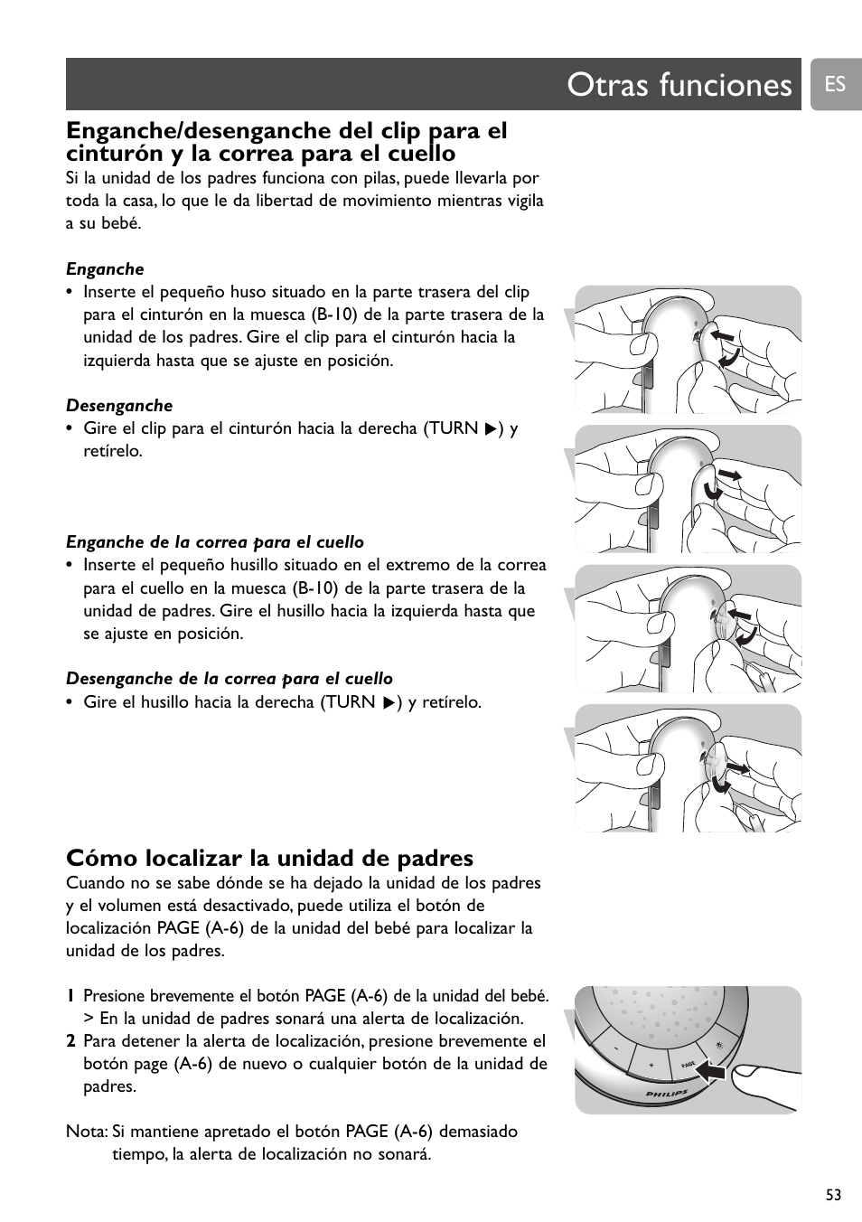 Otras funciones, Cómo localizar la unidad de padres | Philips SCD588/54 User Manual | Page 52 / 60