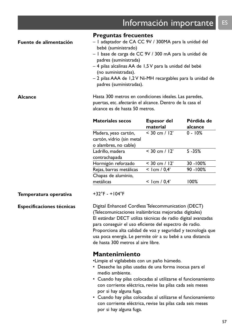 Información importante, Mantenimiento | Philips SCD588/54 User Manual | Page 56 / 60