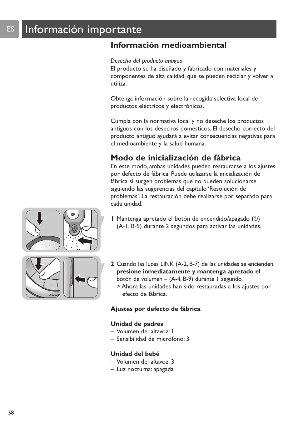 Información importante, Información medioambiental, Modo de inicialización de fábrica | Philips SCD588/54 User Manual | Page 57 / 60
