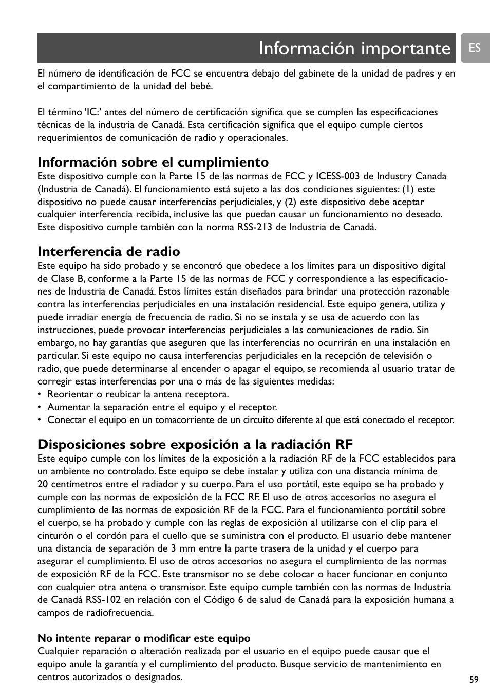 Información importante, Información sobre el cumplimiento, Interferencia de radio | Disposiciones sobre exposición a la radiación rf | Philips SCD588/54 User Manual | Page 58 / 60