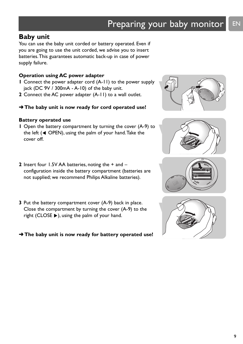 Preparing your baby monitor, Baby unit | Philips SCD588/54 User Manual | Page 8 / 60