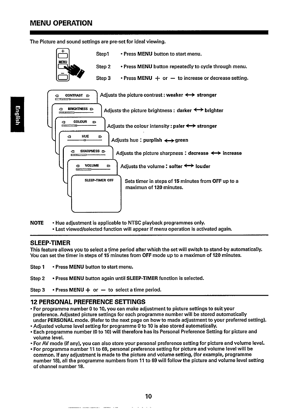 Menu operation, Sleep-timer, 12 personal preference settings | Philips 14GX8510 User Manual | Page 10 / 12