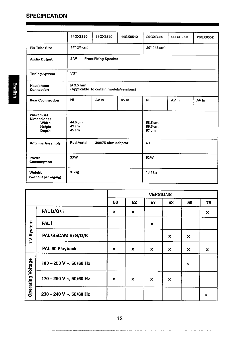 Specification, A pal b/g/h, Pali | Pal/secam b/g/d/k, Pal 60 playback | Philips 14GX8510 User Manual | Page 12 / 12