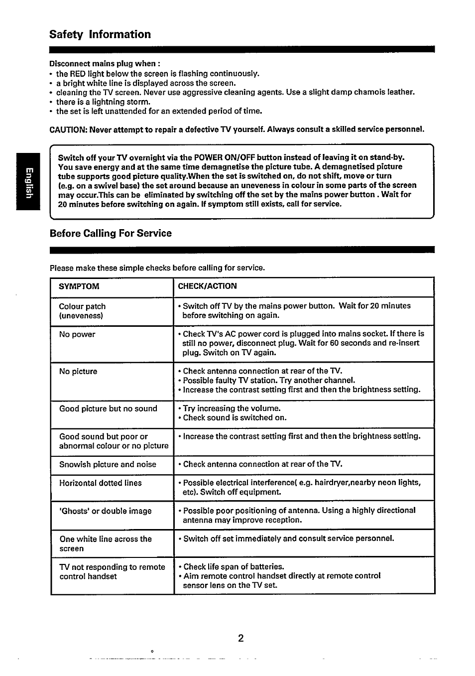 Before calling for service, Safety information | Philips 14GX8510 User Manual | Page 2 / 12