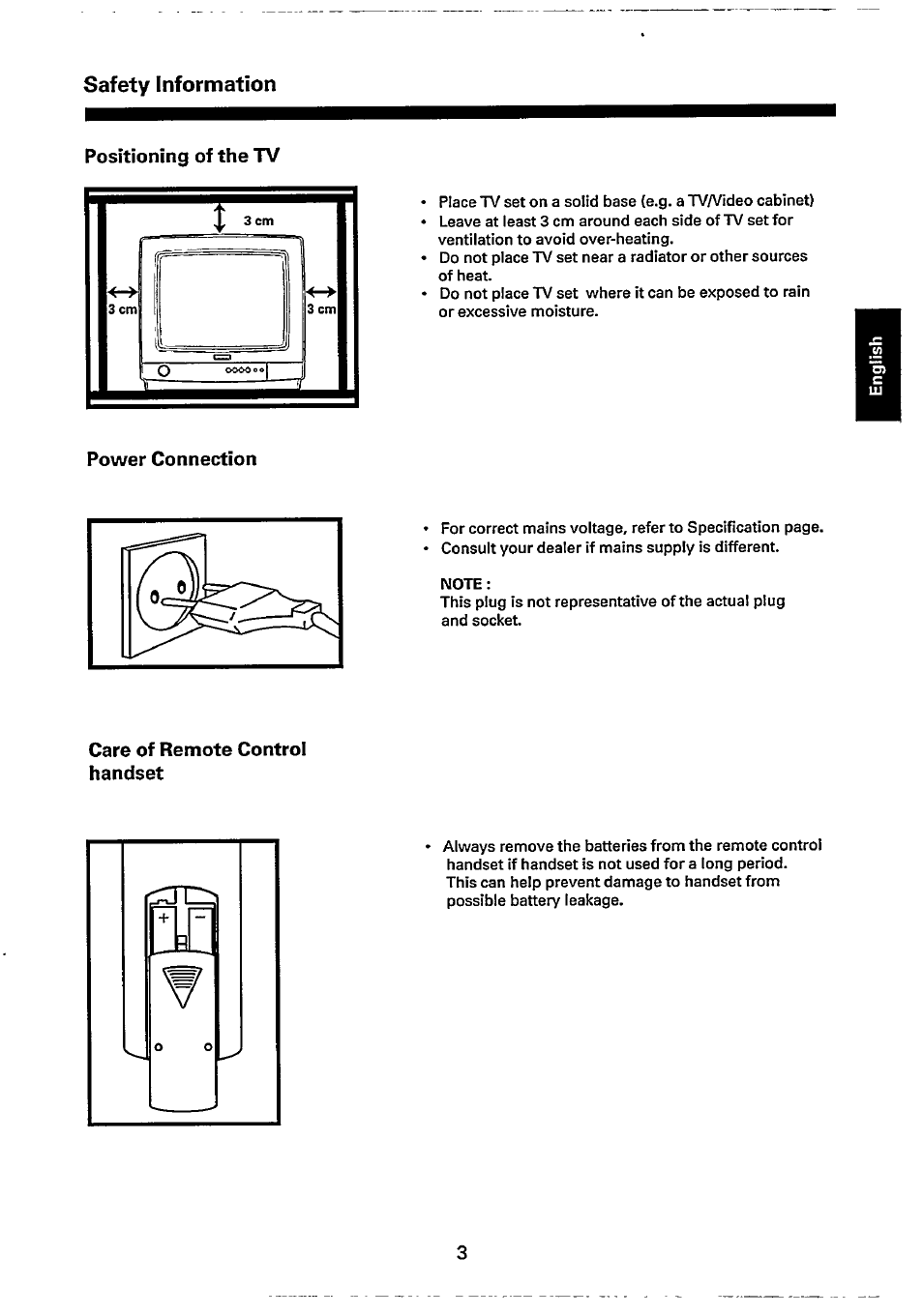 Positioning of the tv, Power connection, Care of remote control handset | Philips 14GX8510 User Manual | Page 3 / 12