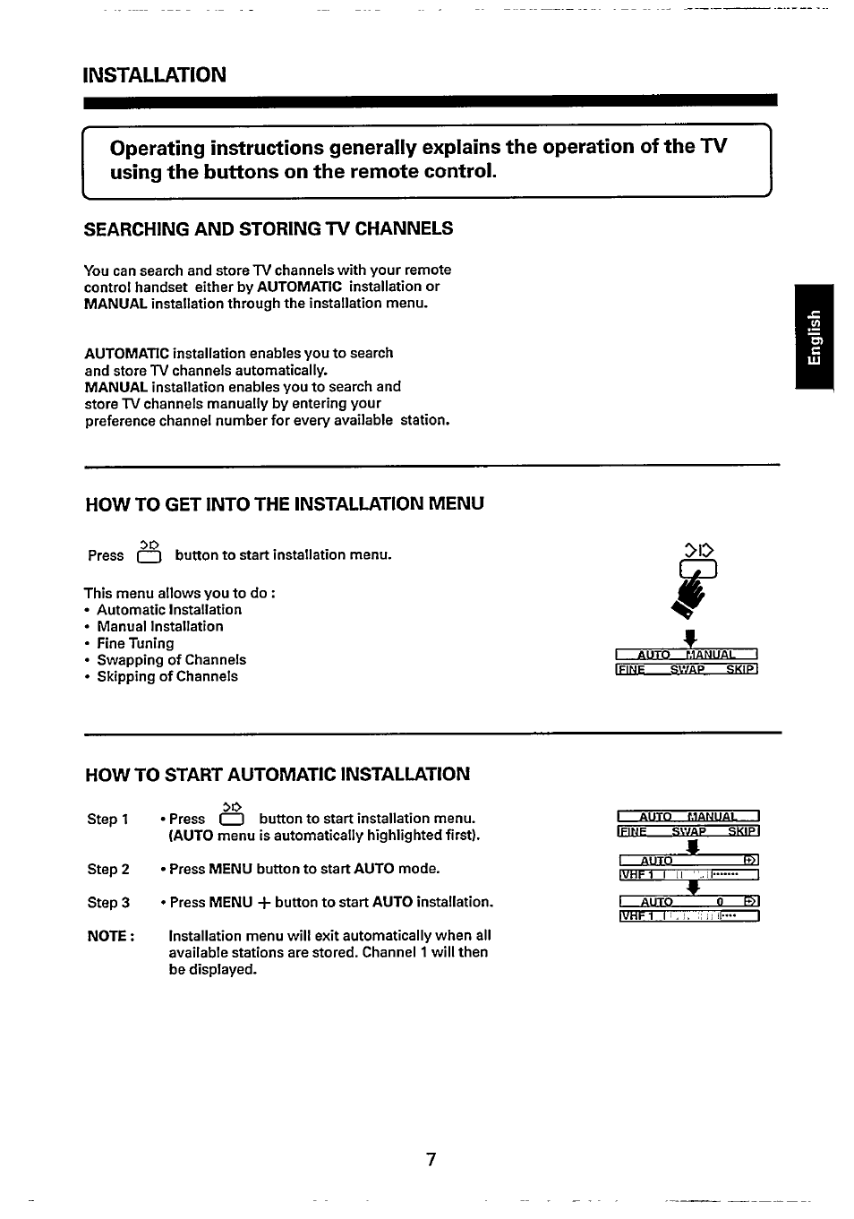 Searching and storing tv channels, How to get into the installation menu, How to start automatic installation | Installation | Philips 14GX8510 User Manual | Page 7 / 12