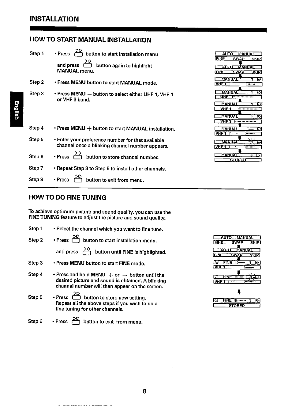 How to start manual installation, How to do fine tuning, Installation | Philips 14GX8510 User Manual | Page 8 / 12